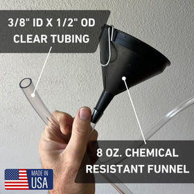 Franks Funnels in use on a sideways transmission fill plug enabling neat pouring