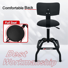 FreekyFit 360° swivel stool in use showing mobility benefit for reaching tools