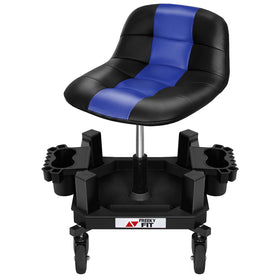 FreekyFit front view of blue rolling stool showing padded seat and back for comfortable support