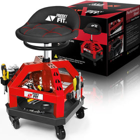 FreekyFit front view of red rolling shop stool showing sturdy frame and seat for durable use