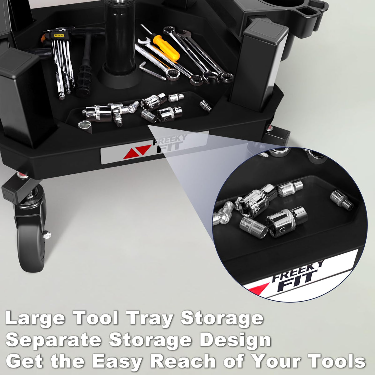 FreekyFit pneumatic height-adjustment lever showing quick seat height control benefit