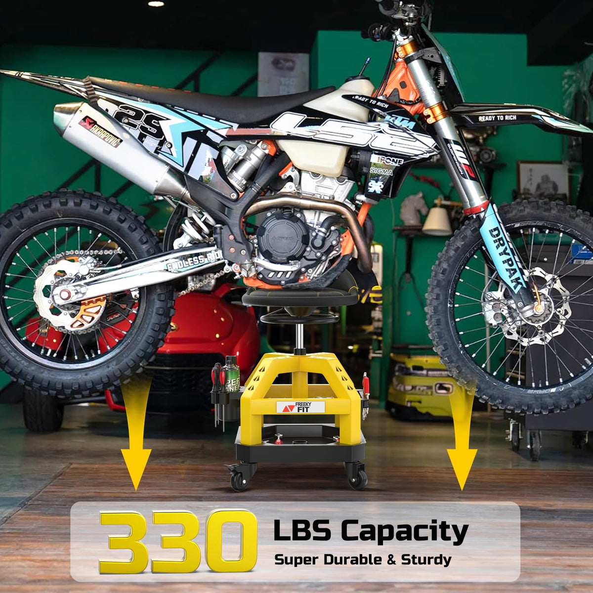 FreekyFit stool in a garage setting speeding workflow and tool access