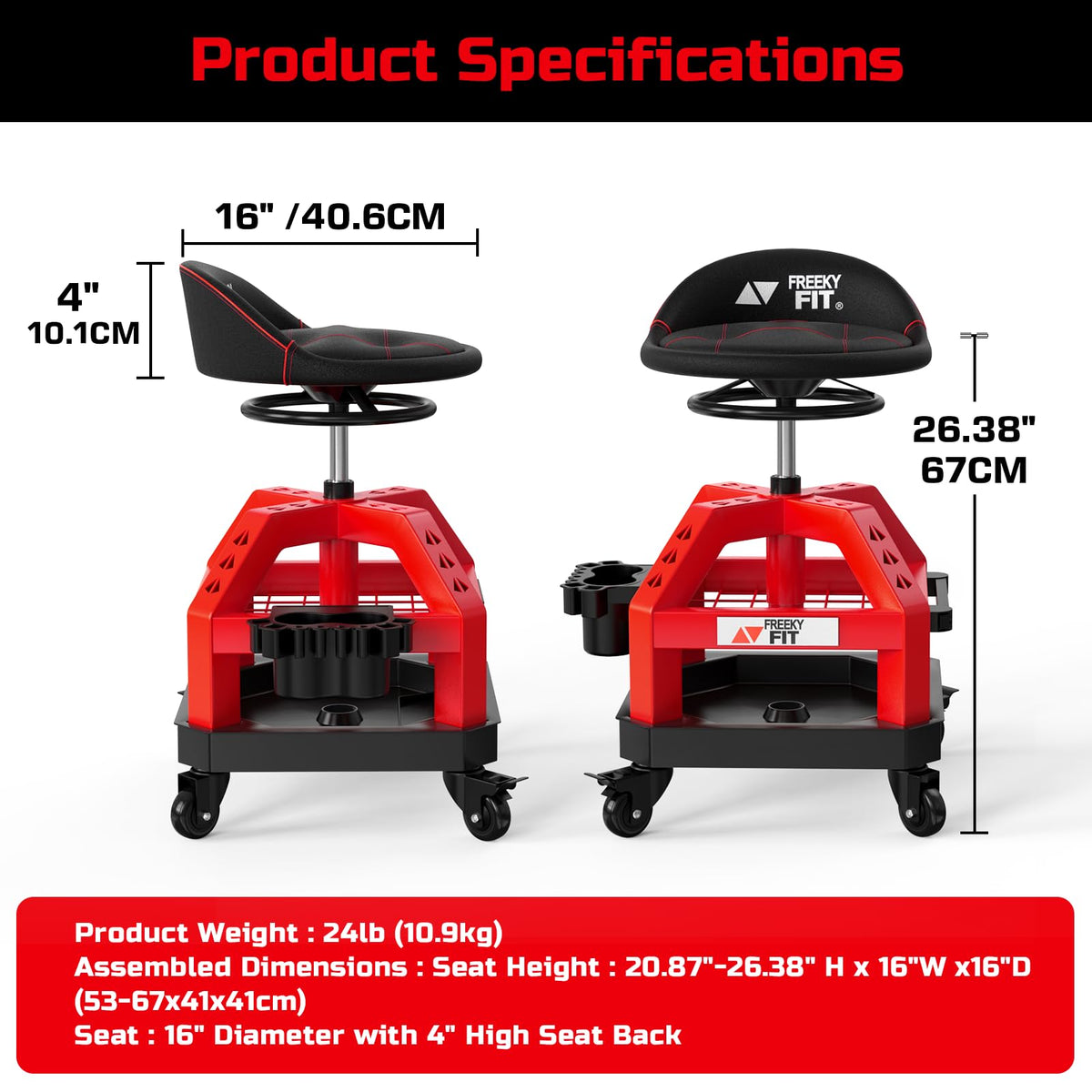 FreekyFit stool beside toolbox showing scale and compact footprint for tight workspaces