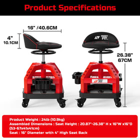 FreekyFit stool beside toolbox showing scale and compact footprint for tight workspaces