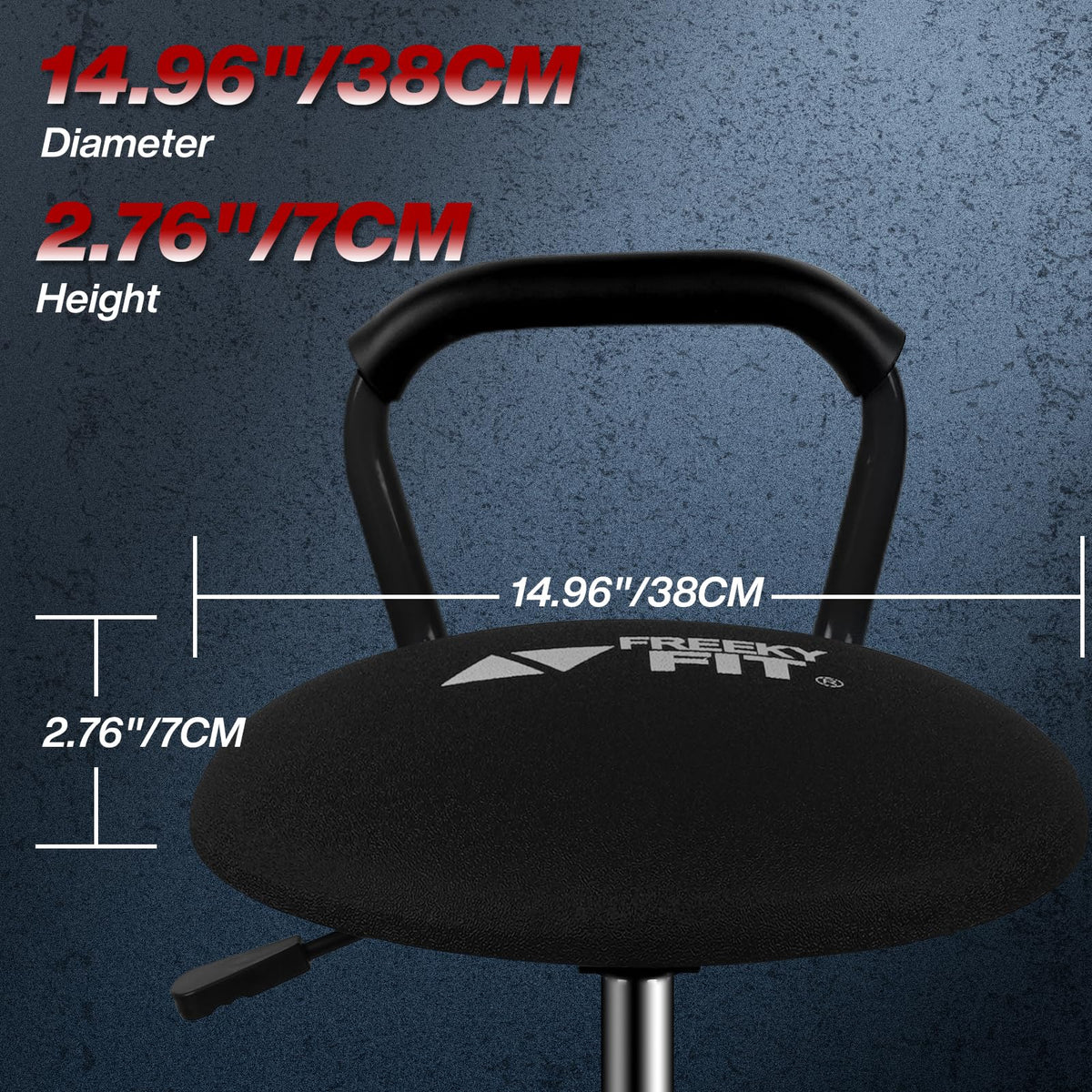 FreekyFit stool next to toolbox showing scale and compact footprint for shops