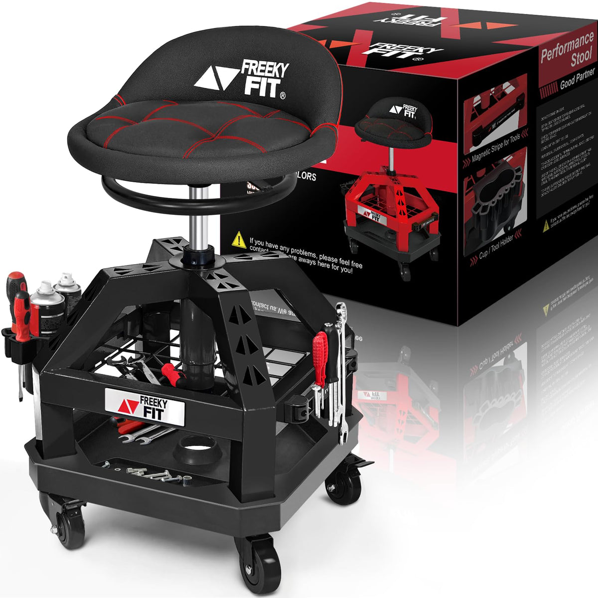 FreekyFit front view of rolling shop stool shows stable frame and seat benefit comfort