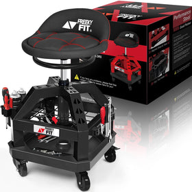 FreekyFit front view of rolling shop stool shows stable frame and seat benefit comfort