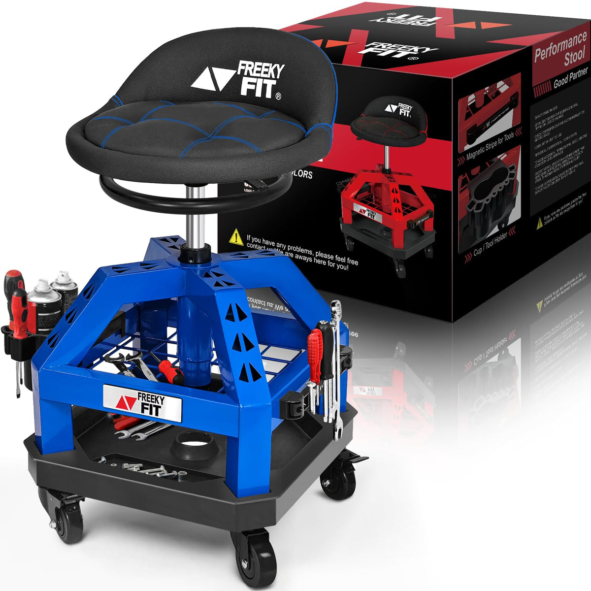 FreekyFit front view of rolling shop stool showing padded seat and tool trays for organized work