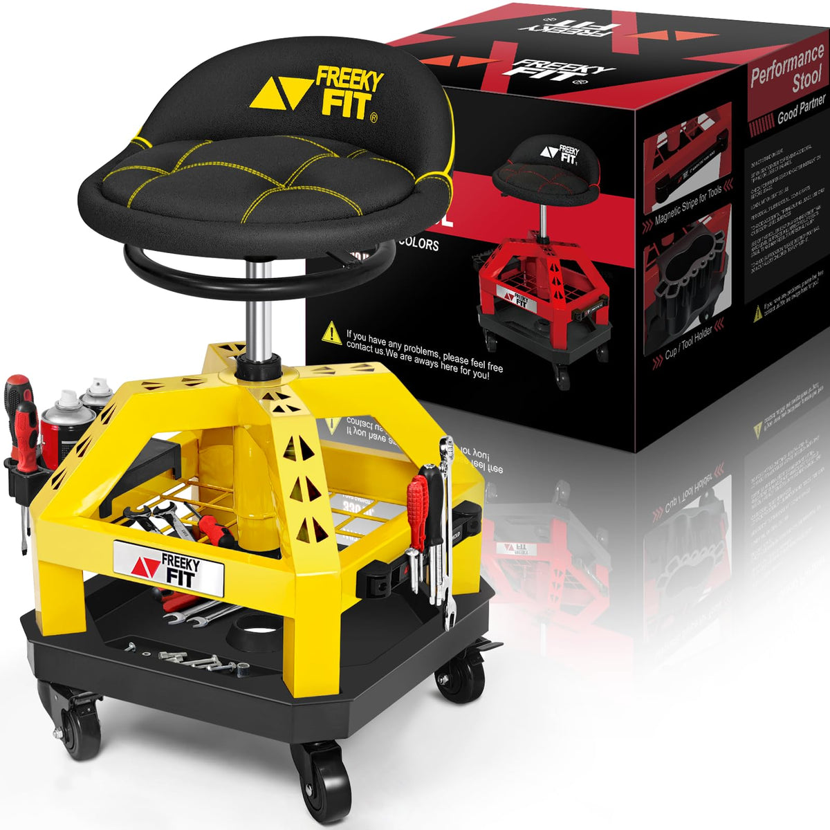 FreekyFit front view of stool showing stable frame and storage benefits