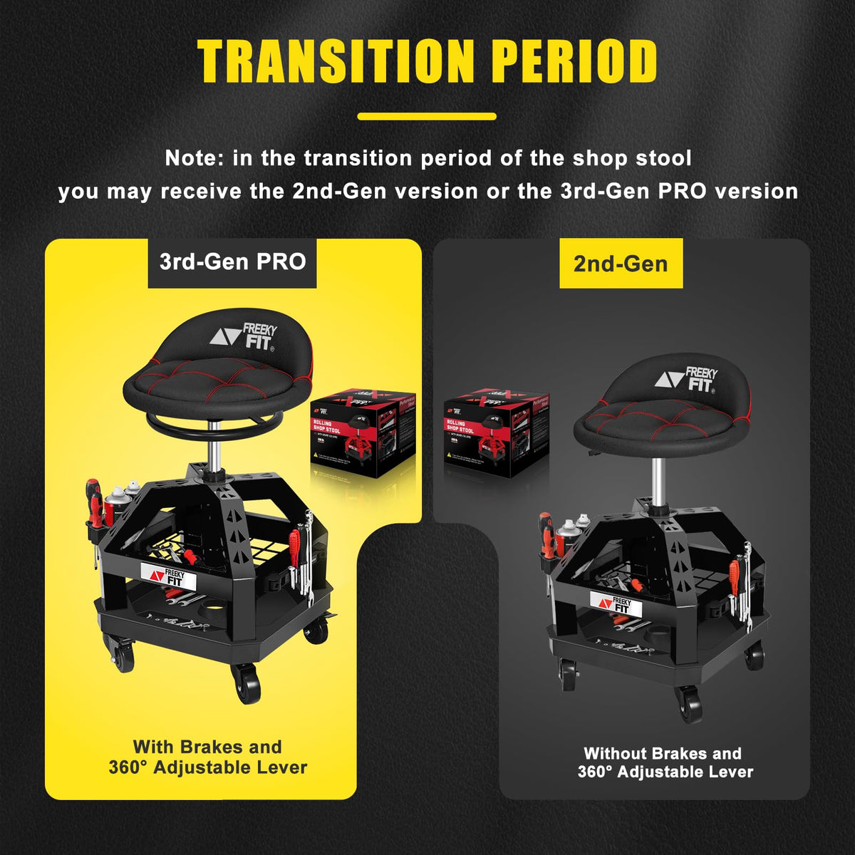 FreekyFit stool in garage with technician using tool organization to save time