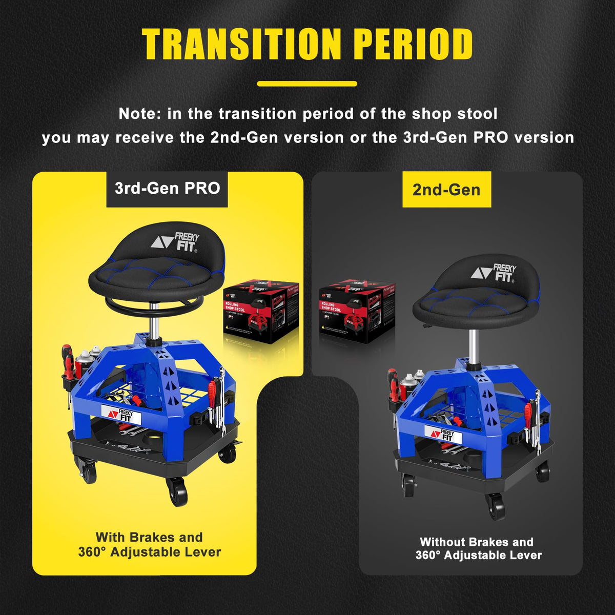 FreekyFit stool beside measuring tape to show scale and working height range benefit