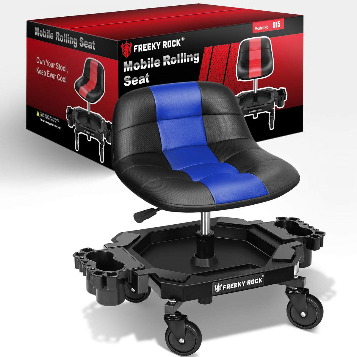FREEKYROCK front profile of rolling mechanic stool showing storage and backrest benefit