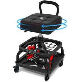 FREEKYROCK front view of stool showing seat and tool trays for efficient work