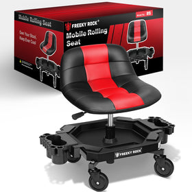 FREEKYROCK front view of rolling stool showing seat and back support for comfort