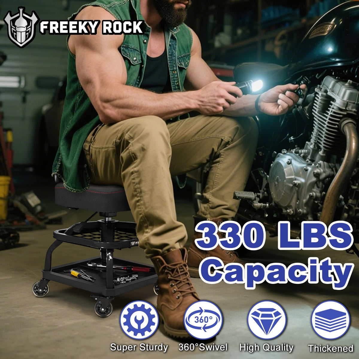 FREEKYROCK in-garage lifestyle shot illustrating practical use by a mechanic