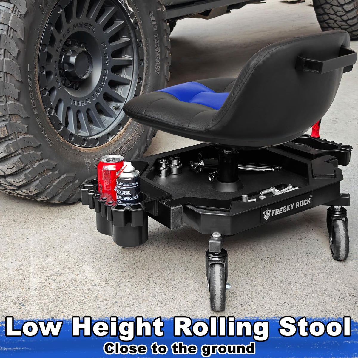 FREEKYROCK stool in garage lifestyle setting promoting accessible tool storage