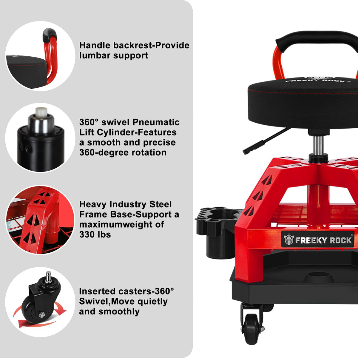 FREEKYROCK stool in a garage setting illustrating tool organization and mobility
