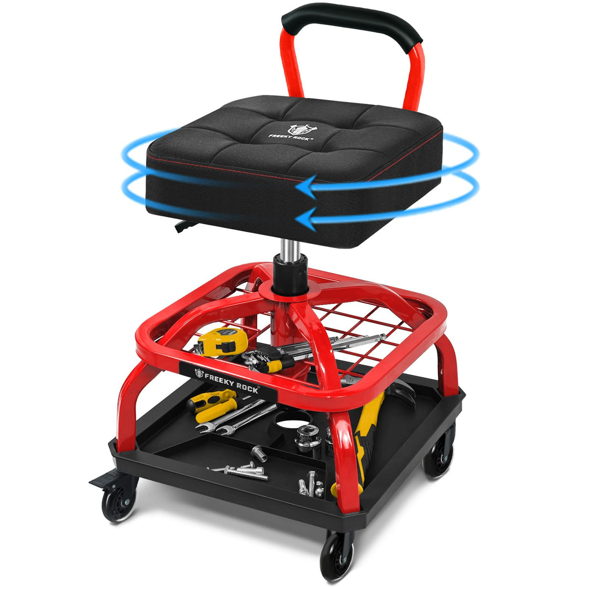 FREEKYROCK front view of red rolling shop stool showing sturdy base and cushion