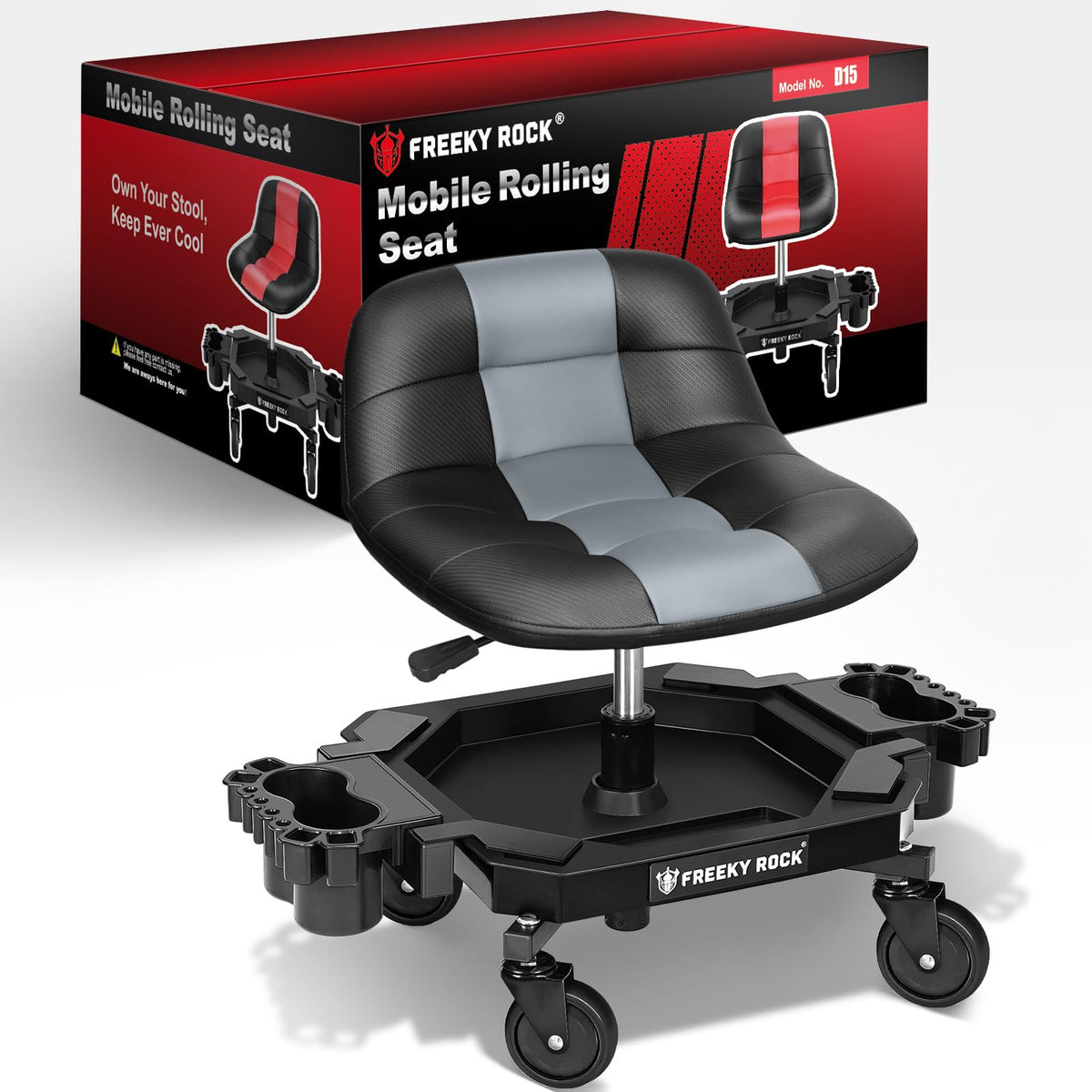 FREEKYROCK front view showing seat, backrest and tool tray for efficient work