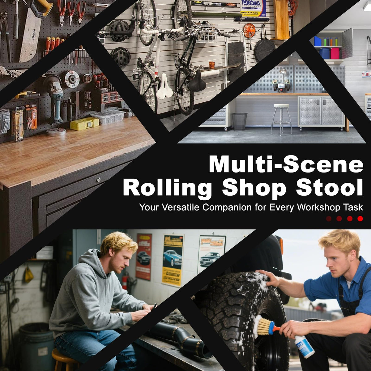 FREEKYROCK mechanic using stool in garage highlighting mobility and storage