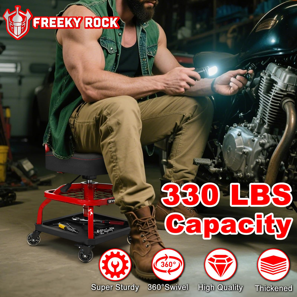FREEKYROCK stool beside tape measure showing scale and seat diameter