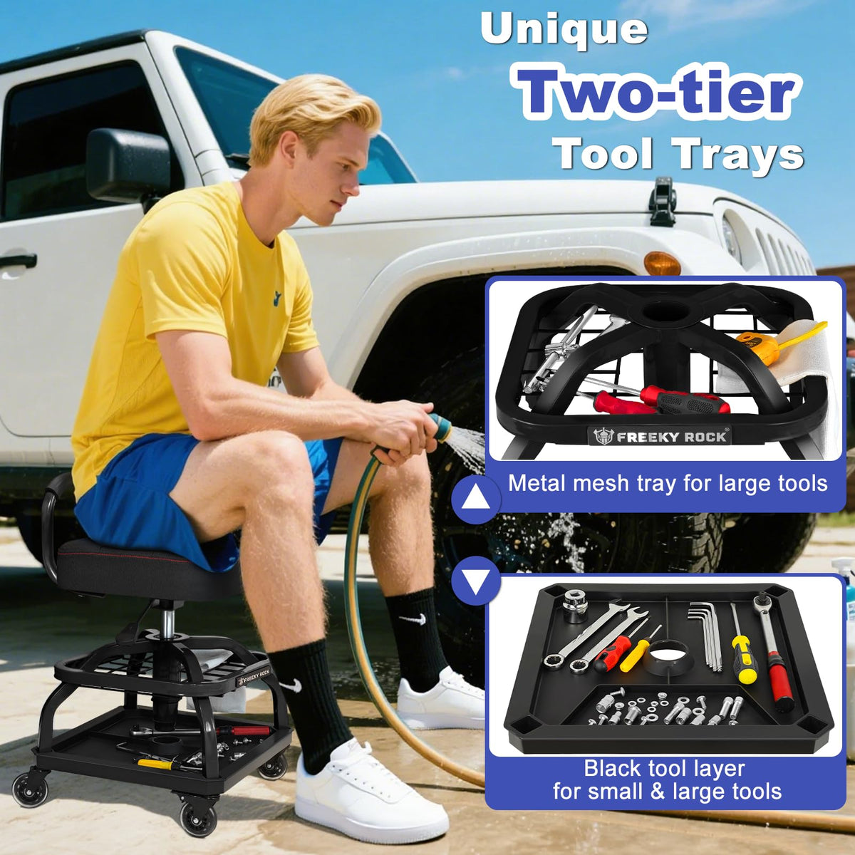 FREEKYROCK under-seat metal and plastic tool trays organizing parts within reach