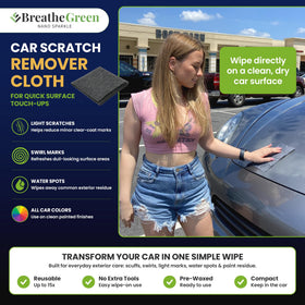 FREEZE2TRIM cloth in hand wiping car panel to remove light scratches
