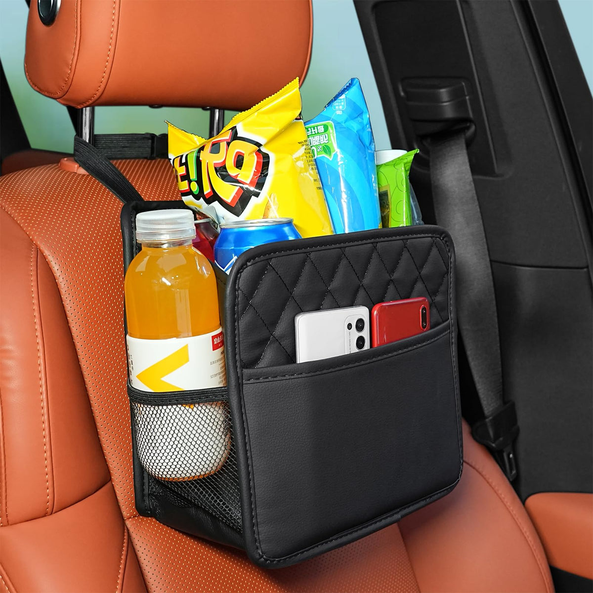 FrgKbTm front view of organizer showing pockets and cup holders for tidy storage