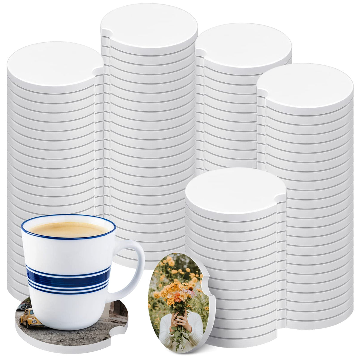 Frienda front view of 100-piece pack showing blank coasters and packaging benefit