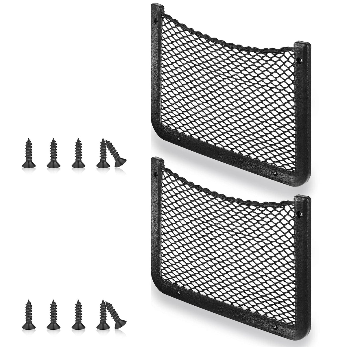 Frienda front view of two framed mesh nets showing compact pack and included screws for easy storage
