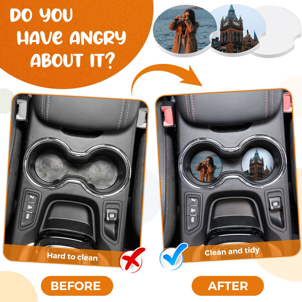 Frienda coaster installed in car cupholder protecting interior from condensation
