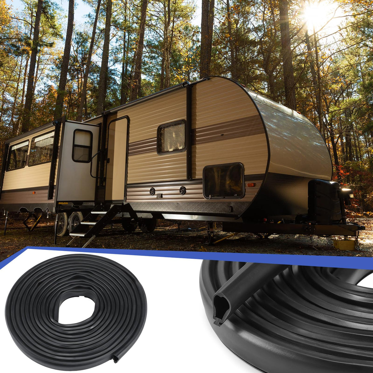 Frienda RV parked at campground with seal installed reducing wind noise and leaks