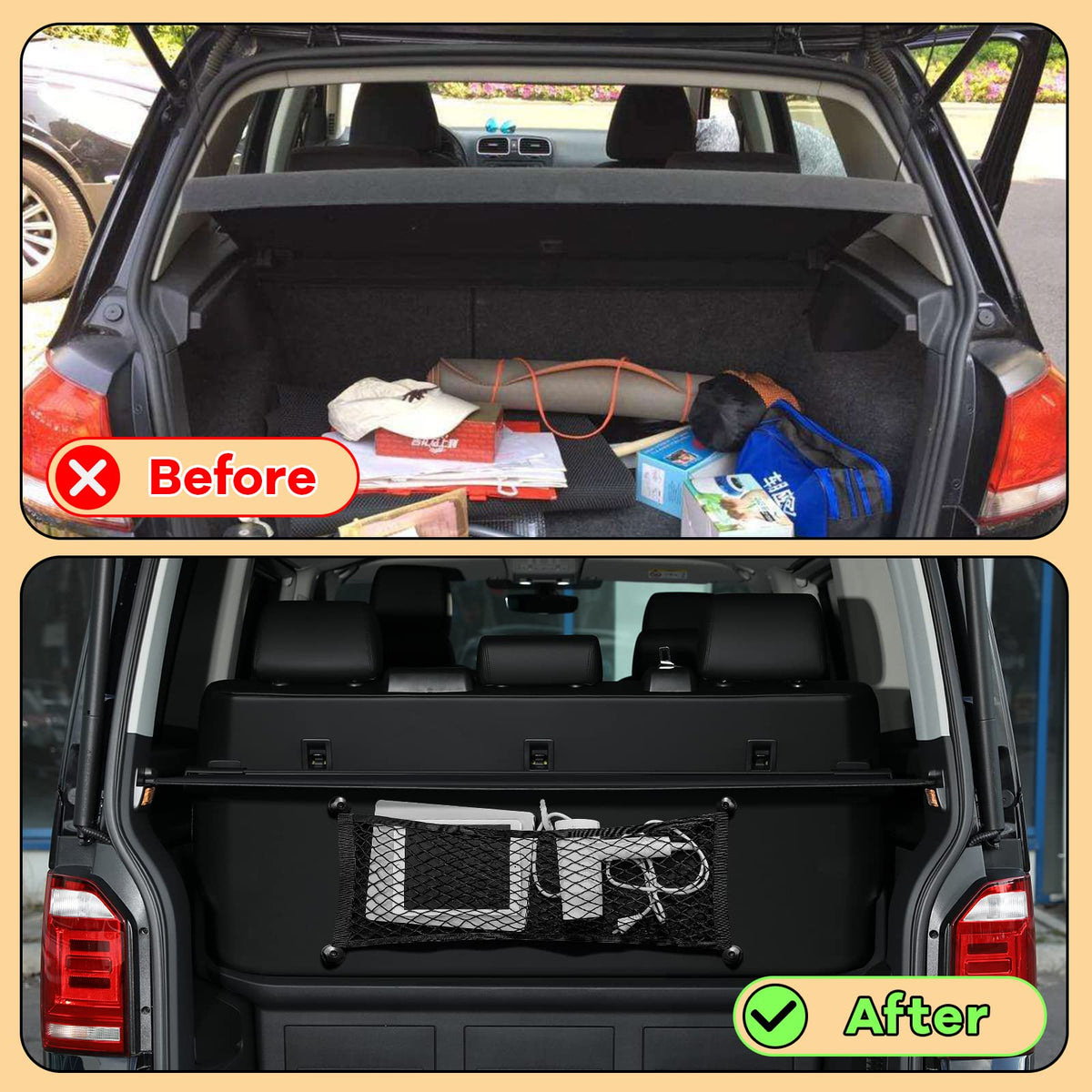 Frienda net installed behind seat organizing books and snacks for passenger convenience