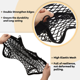 Frienda net mounted in trunk side holding bottles and tools to prevent rolling and clutter