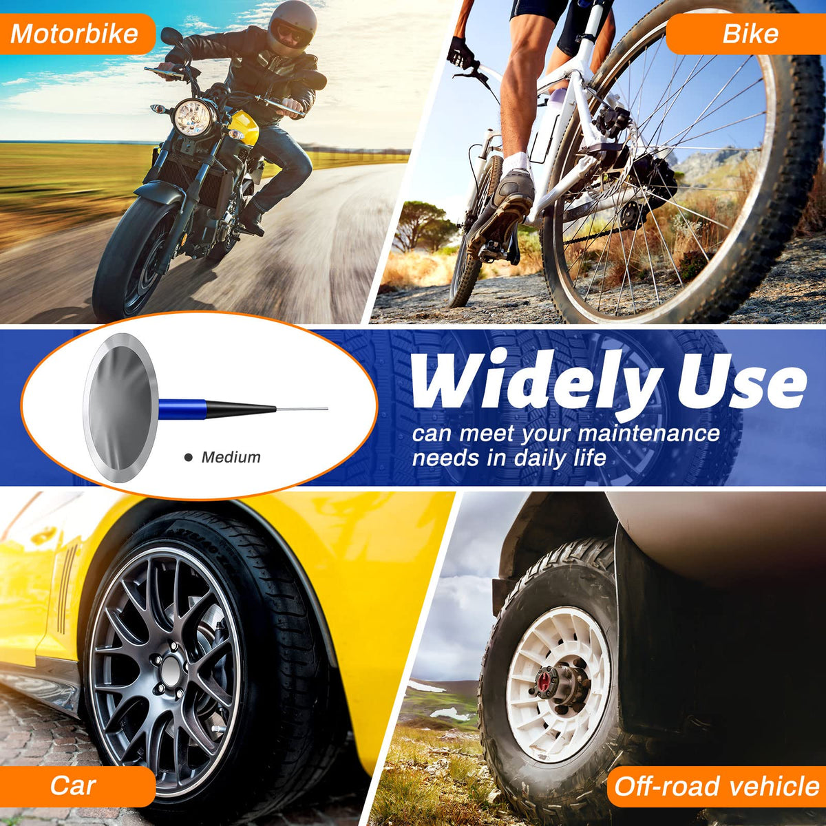 Frienda patches beside car, bike, and scooter indicating wide compatibility