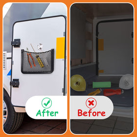 Frienda installed in an RV interior demonstrating space-saving benefit for travel gear