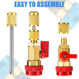 Frienda tool in use on car AC port demonstrating fast valve core replacement