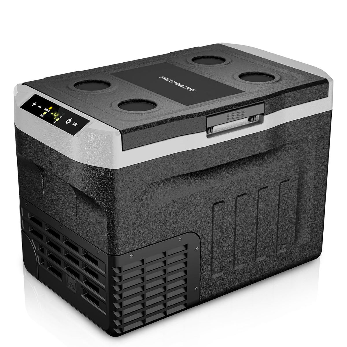 Frigidaire front view of compact 21qt cooler showing sleek black exterior and benefit of portability