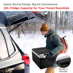 Frigidaire placed in a car trunk for a road trip showing dual-voltage convenience and travel readiness