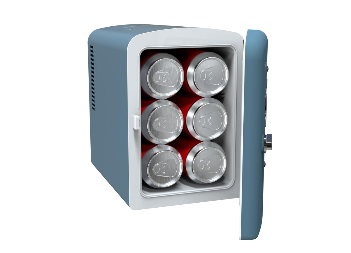 Frigidaire retro interior stocked with cans demonstrating organized chilled capacity
