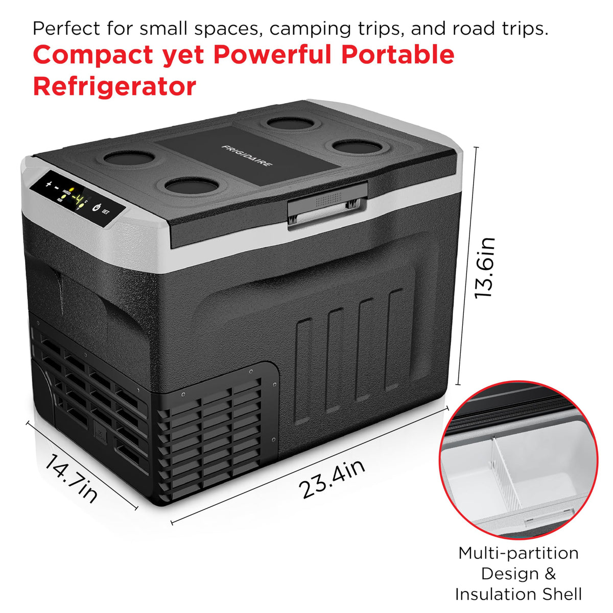 Frigidaire side profile showing liner and label emphasizing durable build and eco-friendly refrigerant