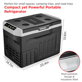 Frigidaire side profile showing liner and label emphasizing durable build and eco-friendly refrigerant