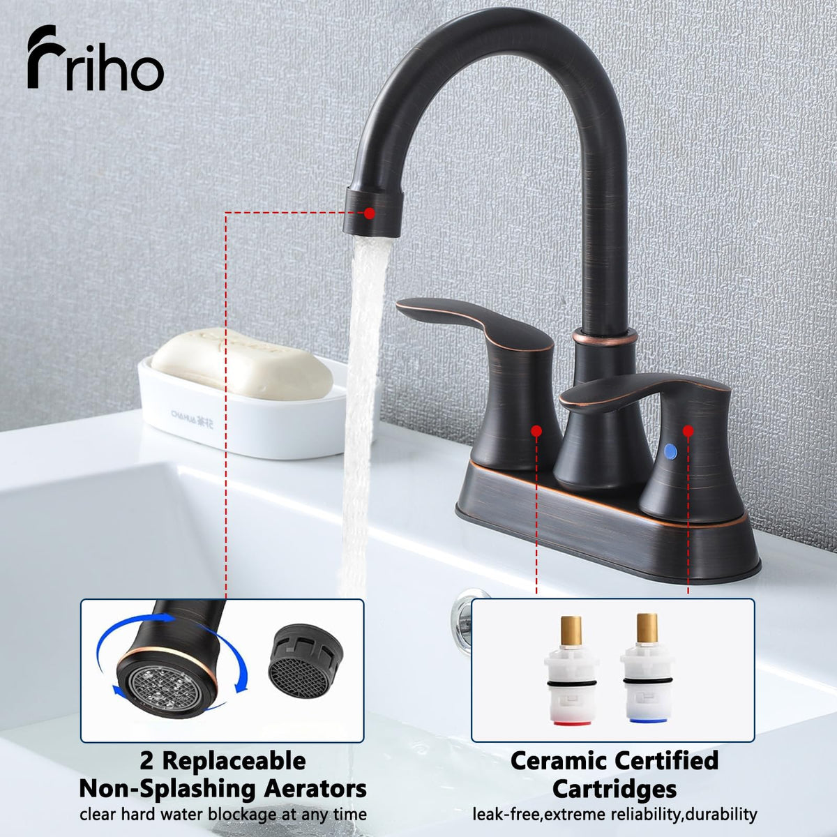 Friho handle detail showing two-handle control and tactile grip for precise adjustments