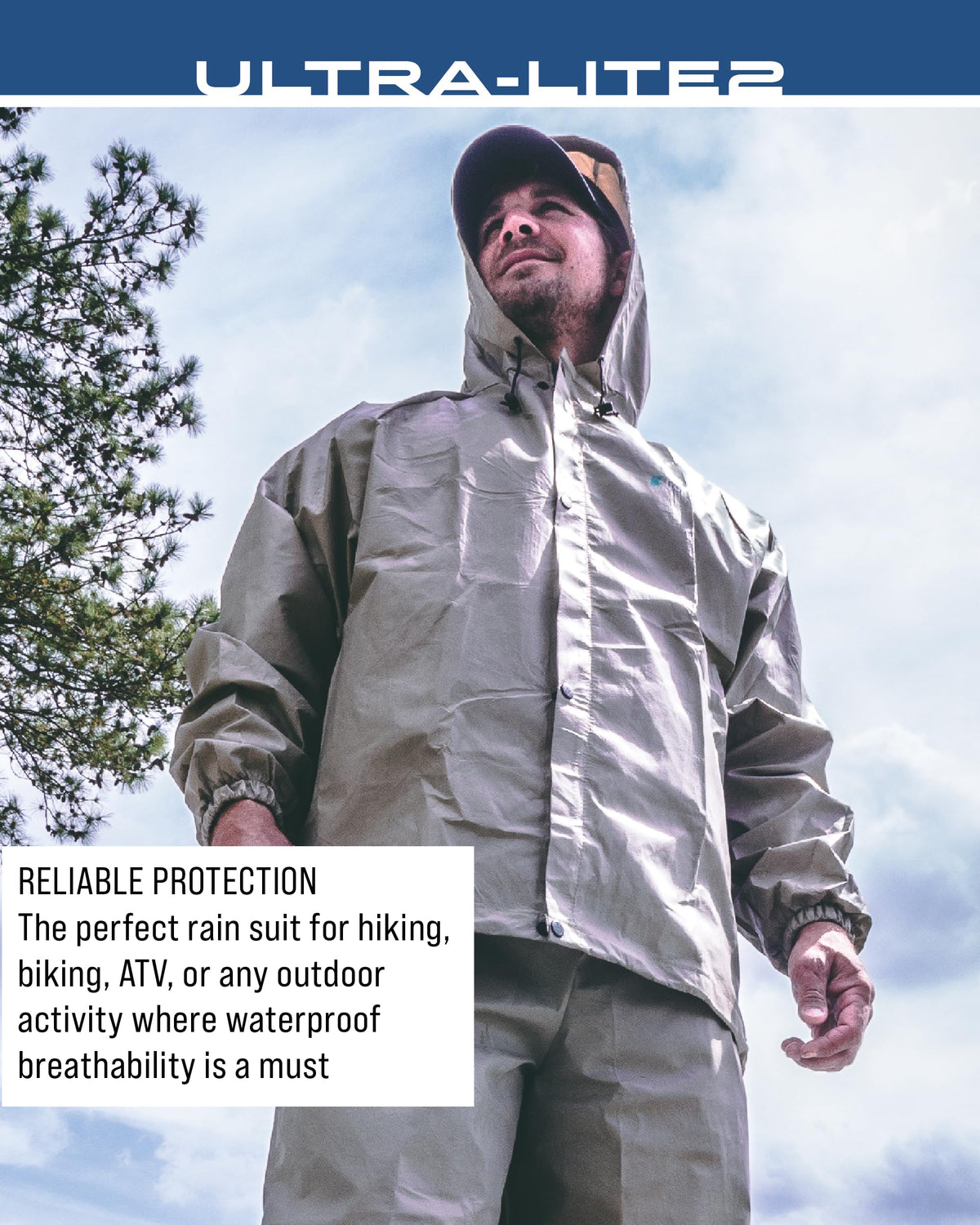 FROGG TOGGS worn outdoors on trail offering packable weather coverage