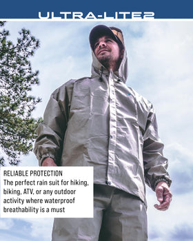 FROGG TOGGS worn outdoors on trail offering packable weather coverage