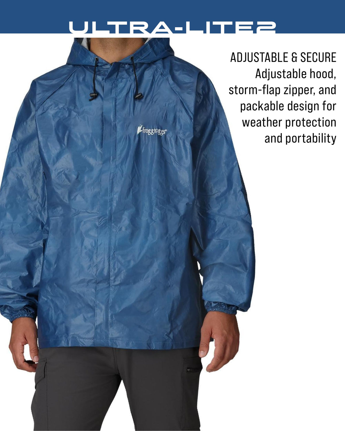 FROGG TOGGS jacket compressed in included stuff sack for easy transport