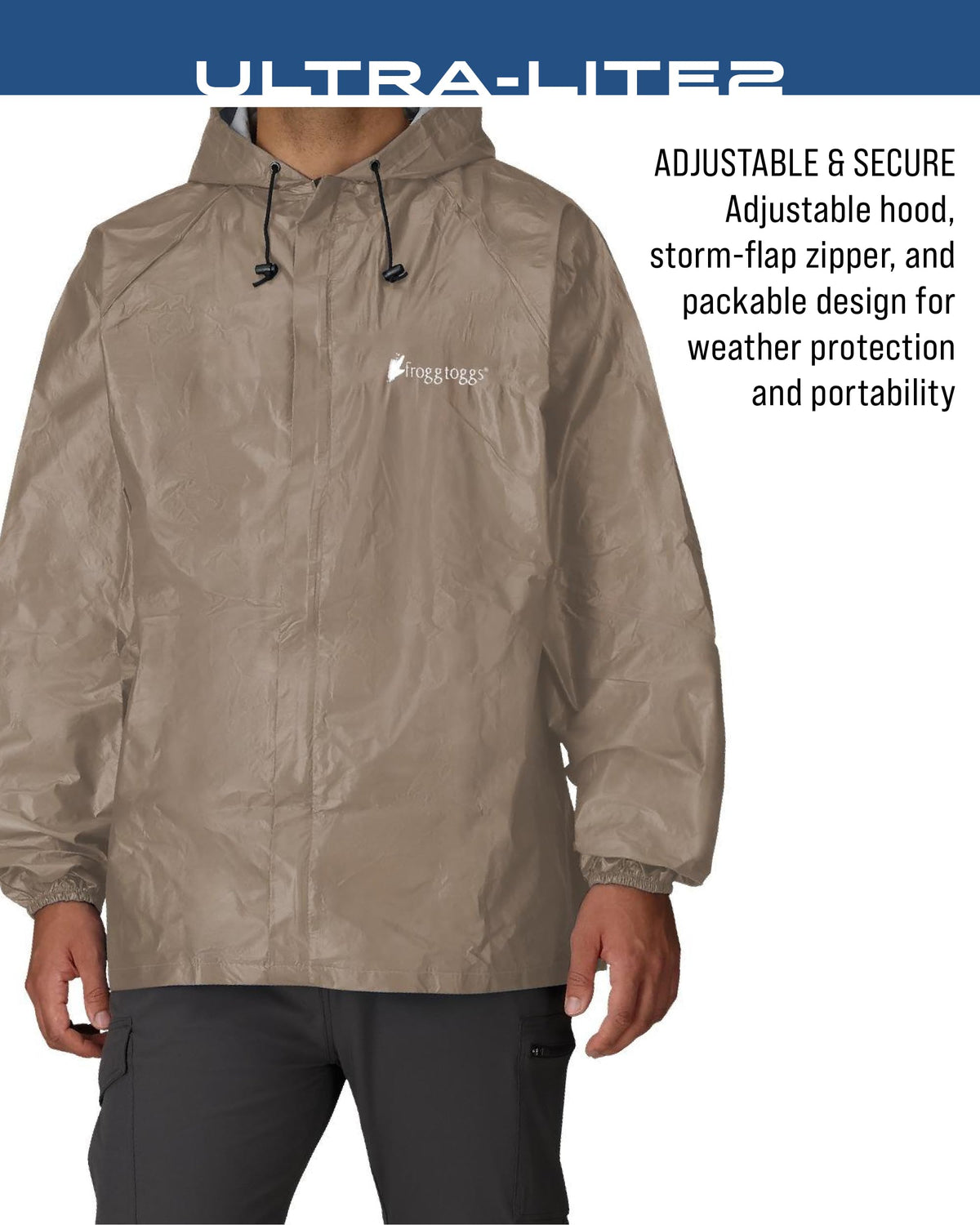 FROGG TOGGS jacket folded in stuff sack for compact transport convenience