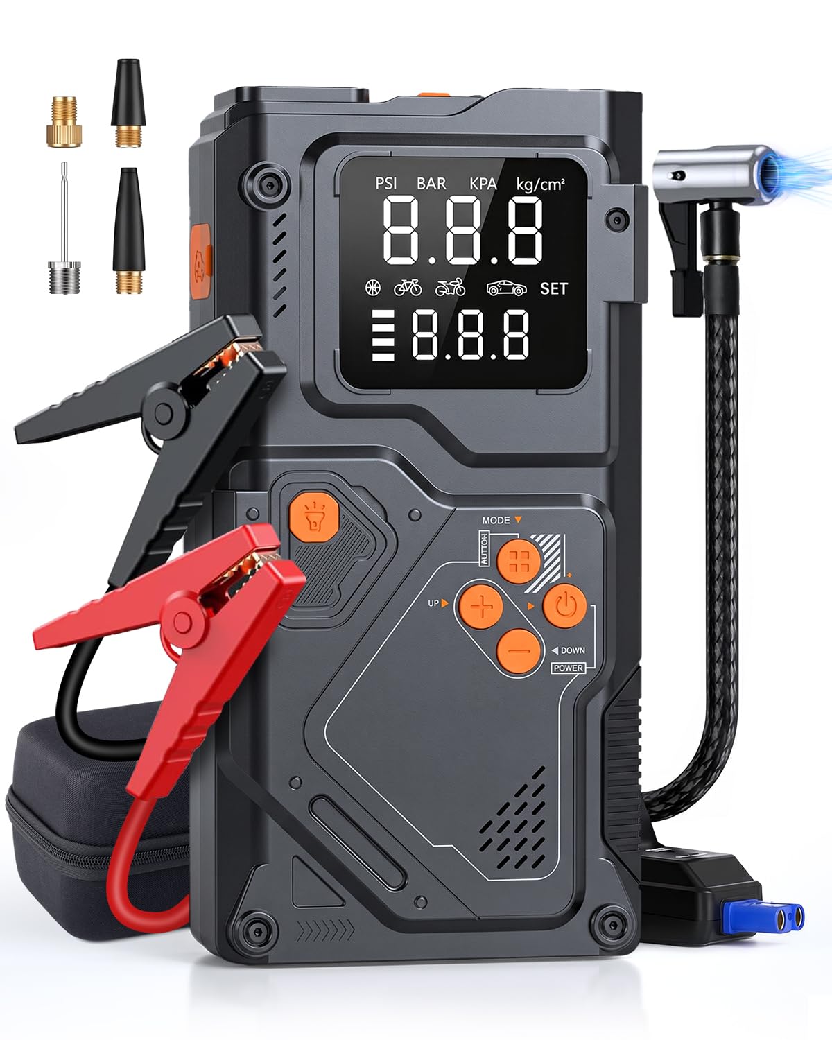 一筋の光 front view showing compact jump starter and benefits of portability