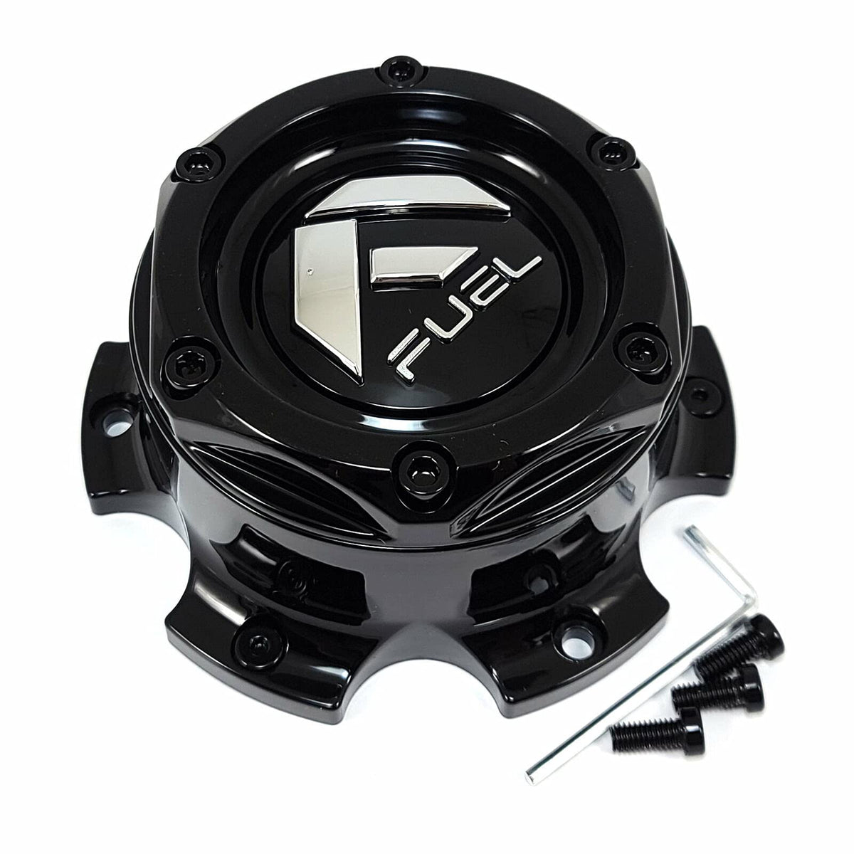 Fuel Off-Road center cap front view showing gloss black finish and chrome logo for wheel styling