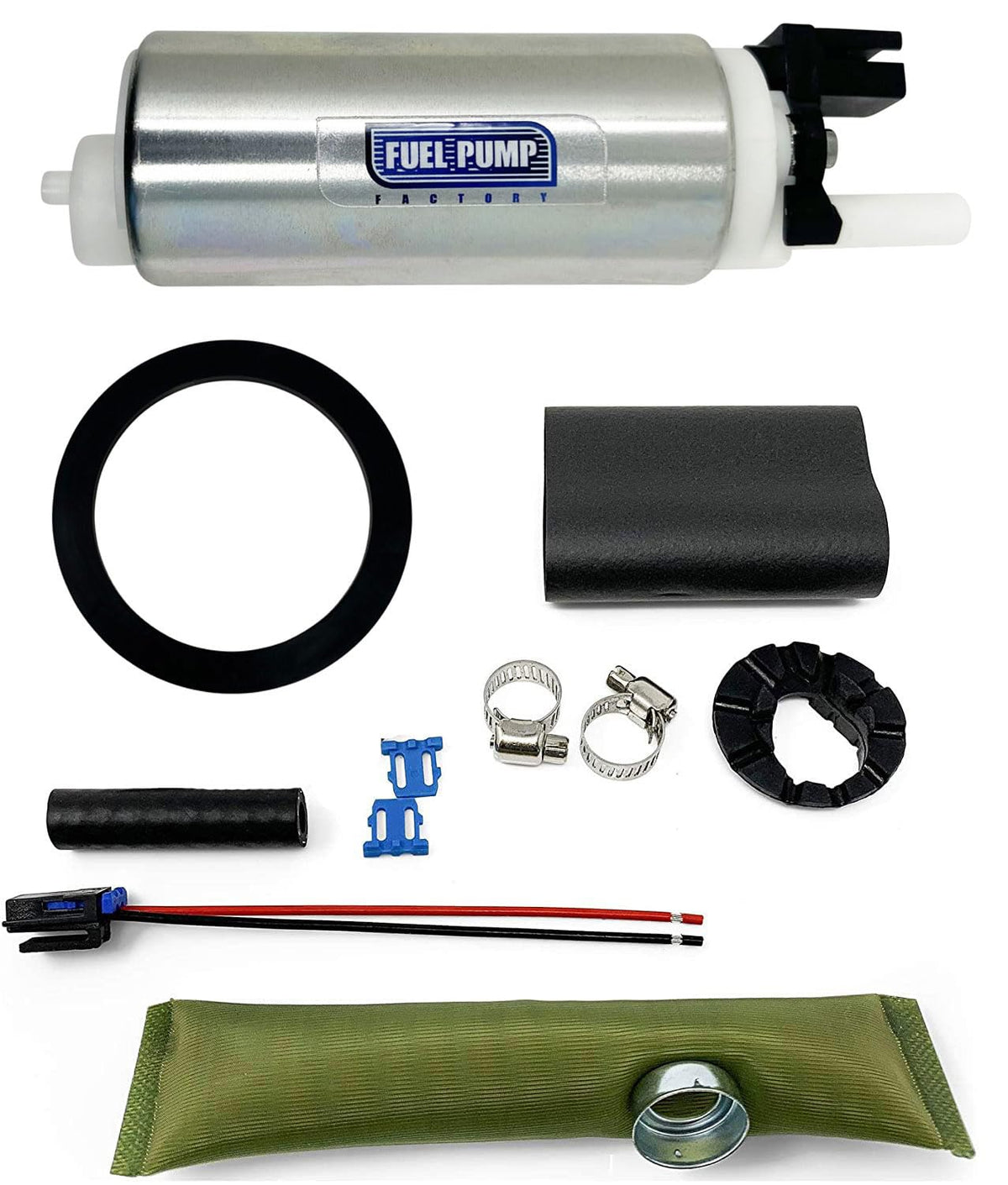 Fuel Pump Factory FP-16 front view showing pump assembly and benefits of exact fit